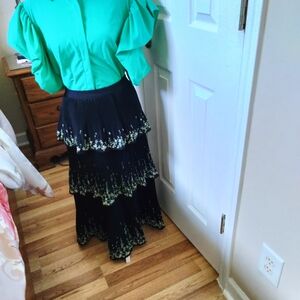 Ted Baker London Black and Green Tiered Maxi Skirt